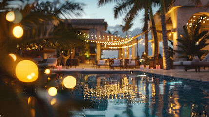 Obraz premium A luxury resort New Year holiday, with guests relaxing poolside, sipping champagne, and enjoying live music