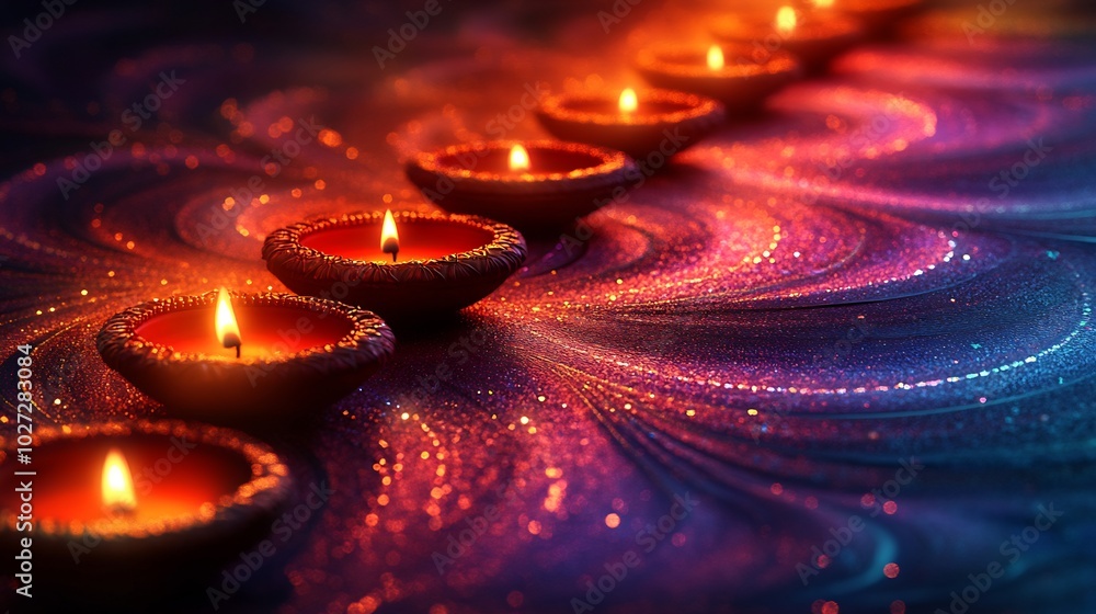 Poster Vibrant Diwali background swirling rangoli patterns in bright red orange and purple scattered with small glowing diyas The bottom half is left open for additional festive elements