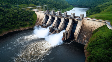 Aerial view of a large hydroelectric dam releasing water with surrounding lush green vegetation and a river flowing downstream.