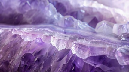 Fototapeta premium Amethyst crystal texture. Close-up view of amethyst crystal formation, showcasing its intricate purple hues and crystalline structure.