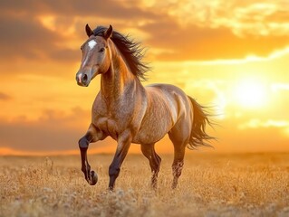 Fototapeta premium majestic wild horse galloping freely across open plains, embodying freedom and strength, with a backdrop of a stunning sunset casting warm hues across the landscape