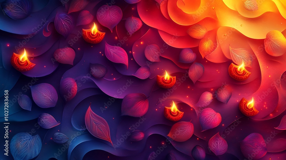 Poster vibrant diwali background swirling rangoli patterns in bright red orange and purple scattered with s