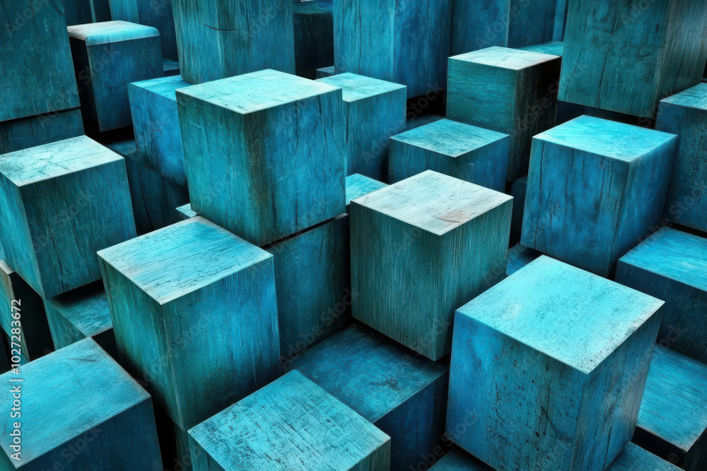 Poster blue cube abstract: a mesmerizing display of geometric shapes, blue wooden cubes create a captivatin