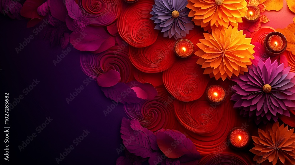 Poster vibrant diwali background swirling rangoli patterns in bright red orange and purple scattered with s