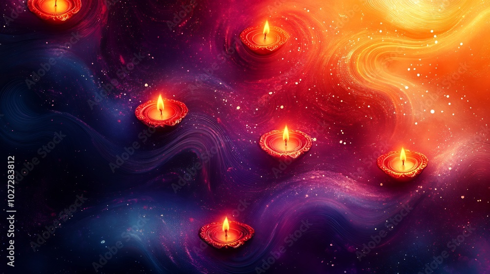 Poster vibrant diwali background swirling rangoli patterns in bright red orange and purple scattered with s