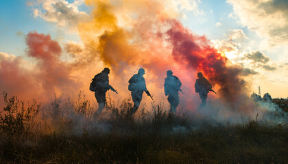 Fototapeta premium Capture people emerging from clouds of colored smoke or fog in a battlefield-like setting, using colored smoke bombs to create dramatic