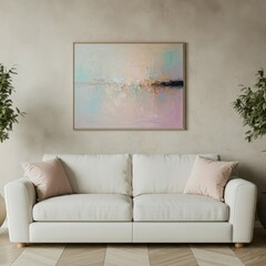 Serene living room with a pastel abstract painting.