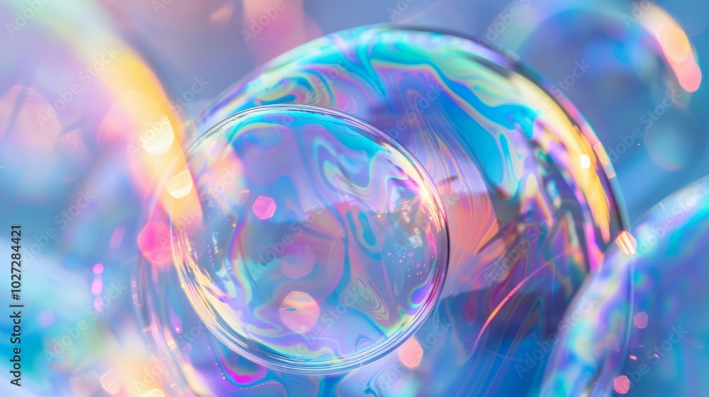 Poster iridescent bubbles. abstract iridescent soap bubbles with blurred background, representing fragility
