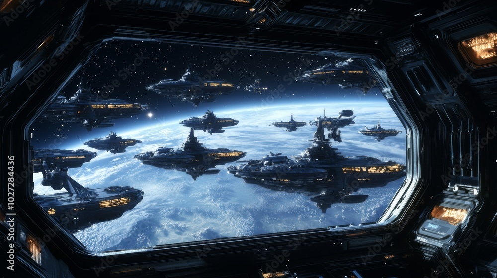 Poster a view from a spaceship window shows many spaceships in orbit around a planet with a starry sky in t