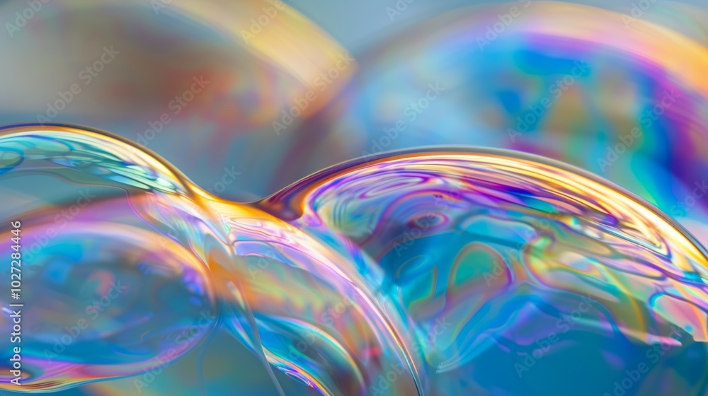 Poster iridescent bubbles. close-up photo of iridescent soap bubbles reflecting light, creating a vibrant r