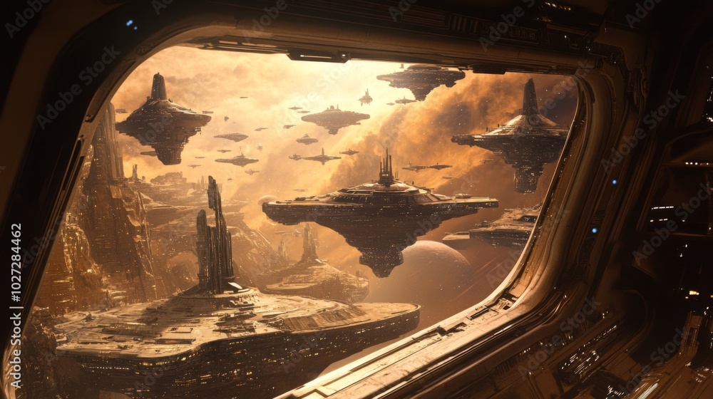 Aufkleber a view from a spaceship window showing a fleet of spacecraft hovering over a dusty, rocky planet.