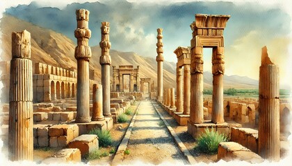 Obraz premium A watercolor painting of Persepolis, showcasing its grand stone columns, intricate reliefs, and ancient pathways under warm sunlight.