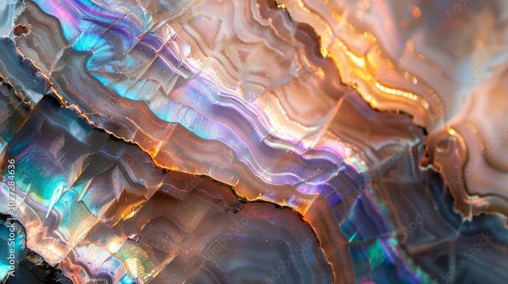 Poster iridescent stone texture. closeup of an iridescent stone with swirling patterns and colors, represen