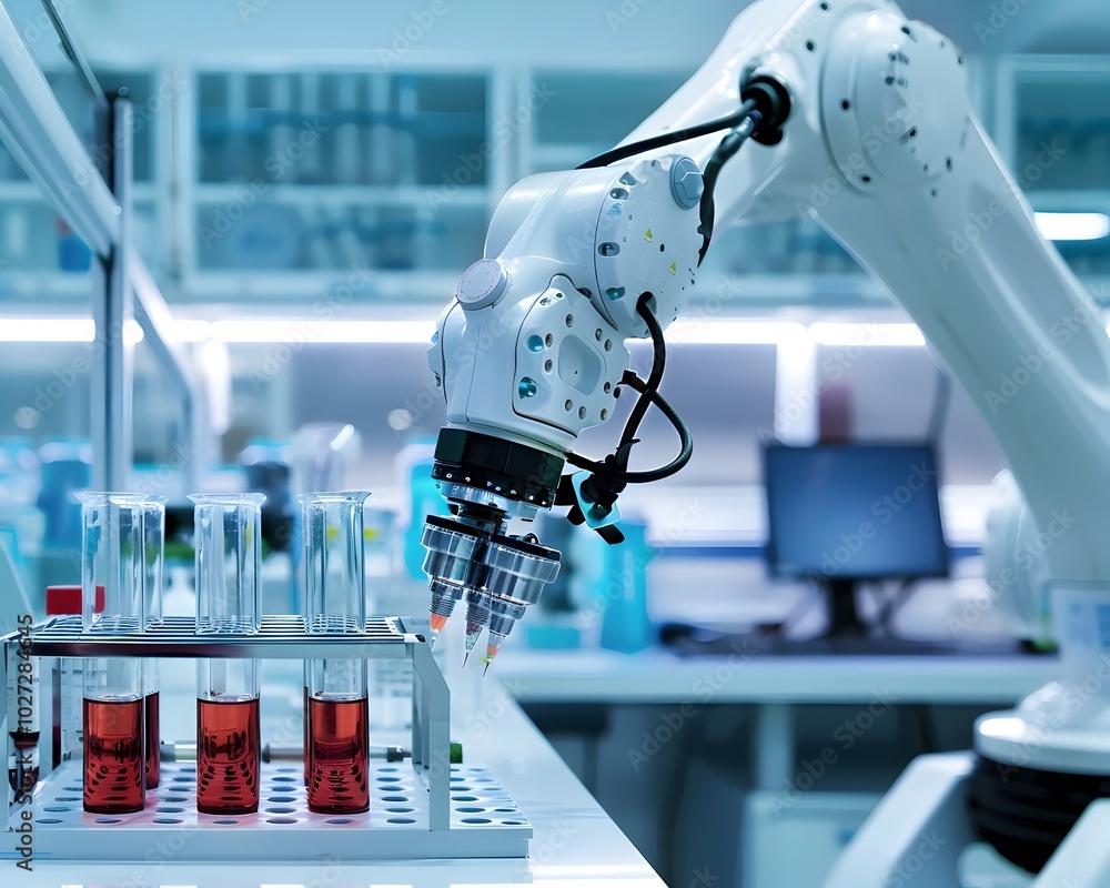 Poster robotic arm conducting precise experiments in medical laboratory symbolizing reliability in scientif