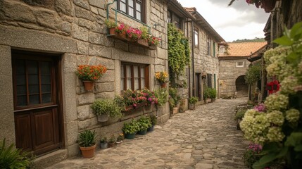 Fototapeta premium A charming stone house in a quaint European village, with colorful flower boxes adorning the windows and cobblestone streets winding through the town.