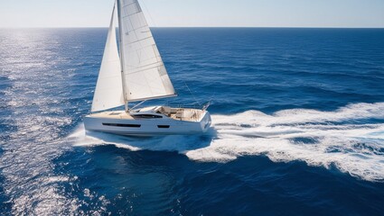 Fototapeta premium white sailboat gliding across a shimmering blue sea