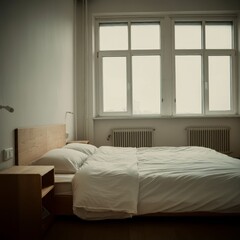 Minimalist bedroom with a wooden bed frame and large windows.