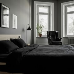Obraz premium Moody bedroom with a minimalist design and a cozy reading nook.