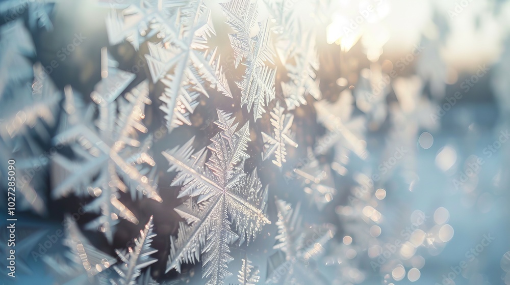 Poster frost on window. close-up of intricate ice crystals formed on a frosted window pane. the image captu