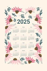 2025 Calendar with coneflowers. Vertical banner with month, weeks and dates template. Vector illustration