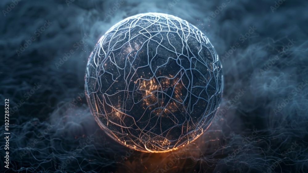 Poster glowing sphere. metallic sphere with intricate network of lines and glowing core, representing inter