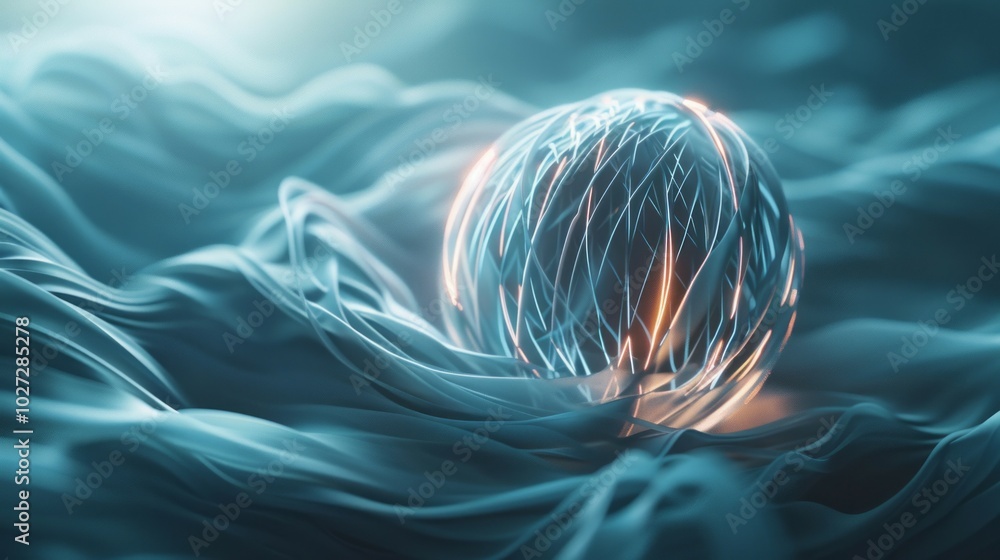 Poster glowing sphere on waves. abstract sphere with glowing lines on a wavy blue surface. represents techn