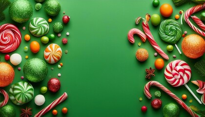 holiday candies top view with space for text on bright background
