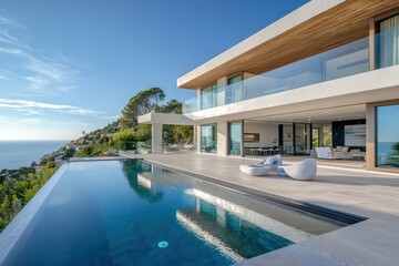 Modern mansion with an infinity pool on the first-floor terrace, high ceilings, and panoramic views of the sea