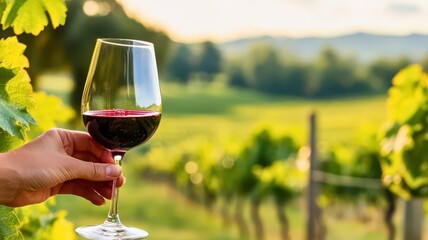A hand holding a glass of red wine against a picturesque vineyard backdrop.
