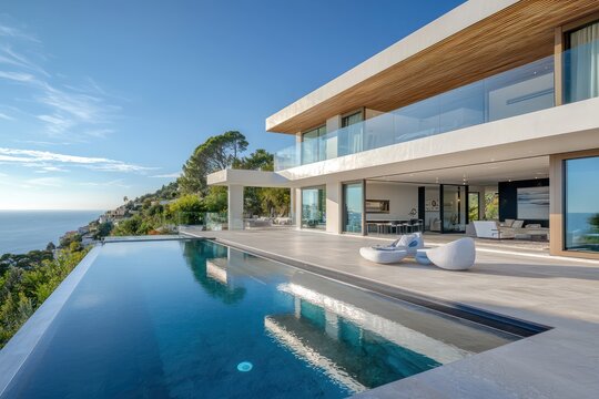 Modern mansion with an infinity pool on the first-floor terrace, high ceilings, and panoramic views of the sea