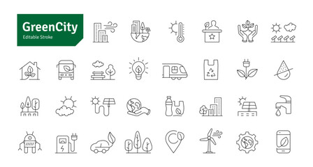 Green City Line Icons Set. Ecology, Sustainable City, Net Zero, Carbon Neutral, Green Energy, Renewable Energy Icons Editable Stroke Vector Illustration