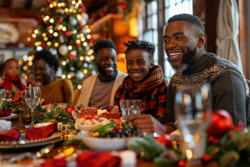 Obraz premium A multigenerational family sitting around a festive dinner table, enjoying a traditional holiday feast with laughter and warmth