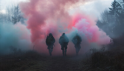 Obraz premium Capture people emerging from clouds of colored smoke or fog in a battlefield-like setting, using colored smoke bombs to create dramatic