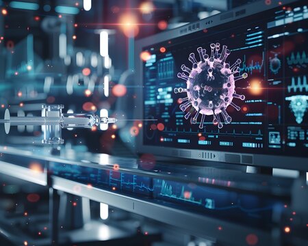 Futuristic Vaccine Development in High Tech Biotechnology Lab with Digital Screens Tracking Virus Evolution - Powered by Adobe