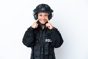 SWAT Russian woman isolated on white background smiling with a happy and pleasant expression