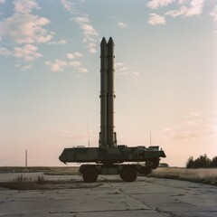 A large missile is stationed on a deserted base, illuminated by the serene light of a fading sunset on the horizon.