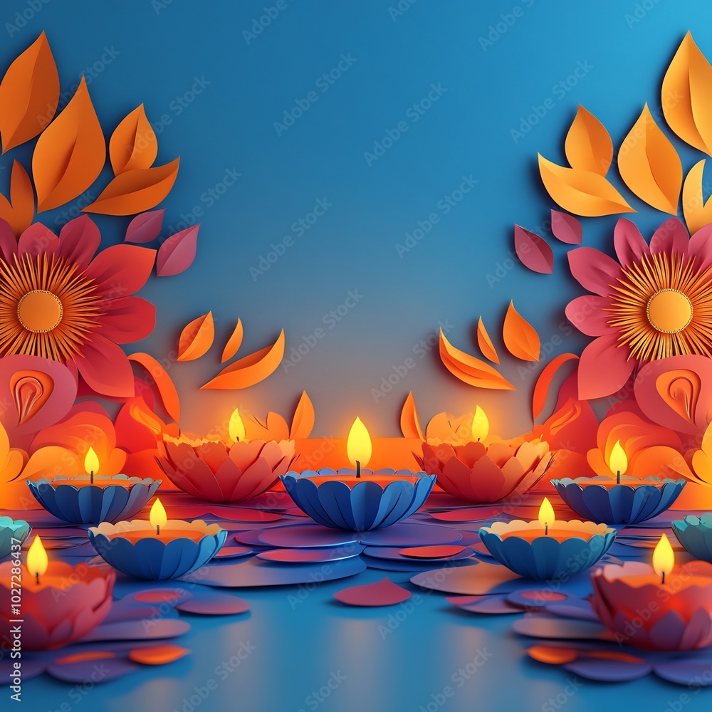 Poster whimsical happy diwali background an array of colorful paper cut lamps and candles creating a festiv