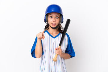 Baseball Russian girl player with helmet and bat isolated on white background surprised and pointing front