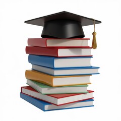 Graduation Cap on Colorful Stack of Textbooks