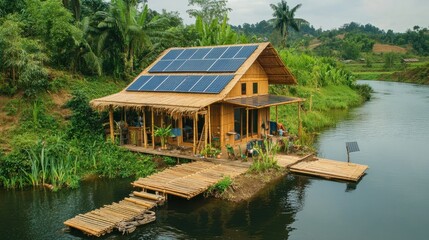 Fototapeta premium A sustainable bamboo house by the river, with solar panels on the roof and a small dock leading to the water, demonstrating harmony with nature.