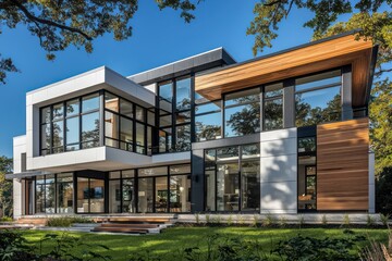 Fototapeta premium Modern mansion with large windows and wood accents, showcasing a neutral black and white exterior Urban luxury defined