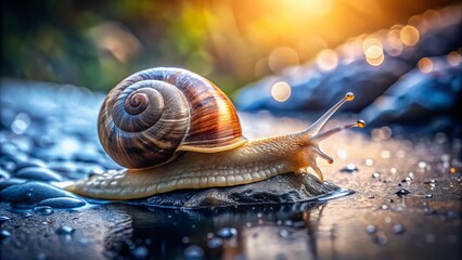 A close-up of a grape snail slowly moving across a glistening wet stone, showcasing the intricate details of nature's beauty in vibrant colors and textures.