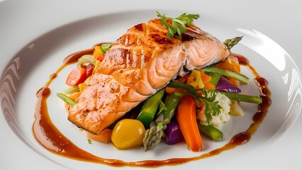 Delicious grilled salmon fillet served on a bed of vibrant mixed vegetables with a rich sauce, perfect for healthy dining.