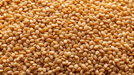Fototapeta premium A close-up view of abundant sesame seeds, illuminated by natural light, showcasing their texture and color, emphasizing culinary versatility and agricultural richness.