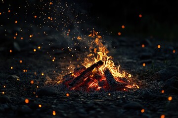 Burning campfire on dark night