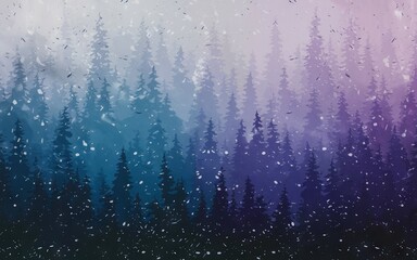 Snowy pine forest. Misty woodland with pine trees and falling snow. Perfect for winter background, nature scenery, or forest ambiance.