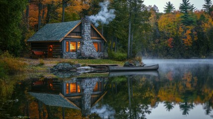 Obraz premium A cozy stone cabin by a tranquil lake, with smoke rising from the chimney and a canoe tied to a small dock, reflecting serenity and nature.