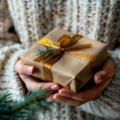 Hands gently cradle a beautifully wrapped gift adorned with a glittery bow, exuding a sense of anticipation and celebration.