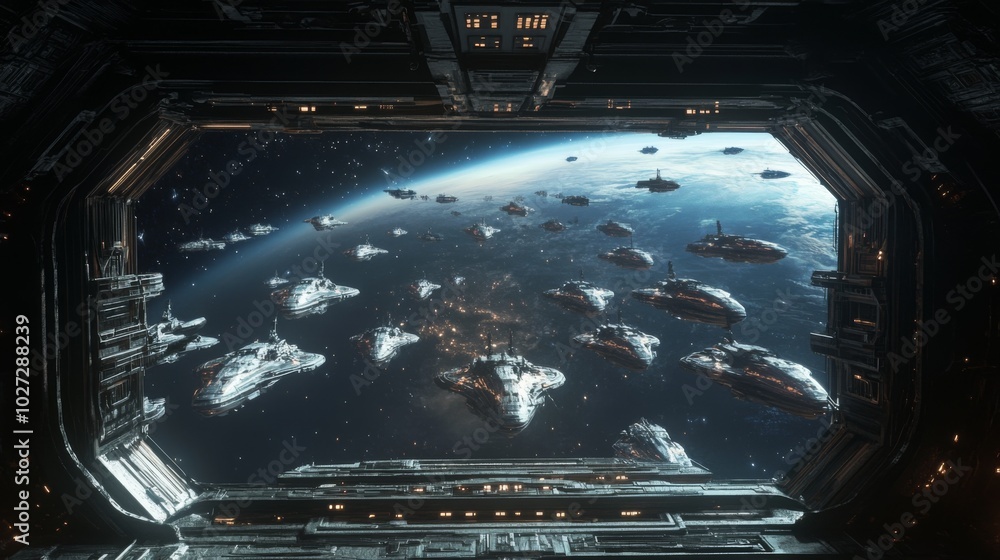 Poster view from spaceship window showing a fleet of spaceships orbiting a planet.