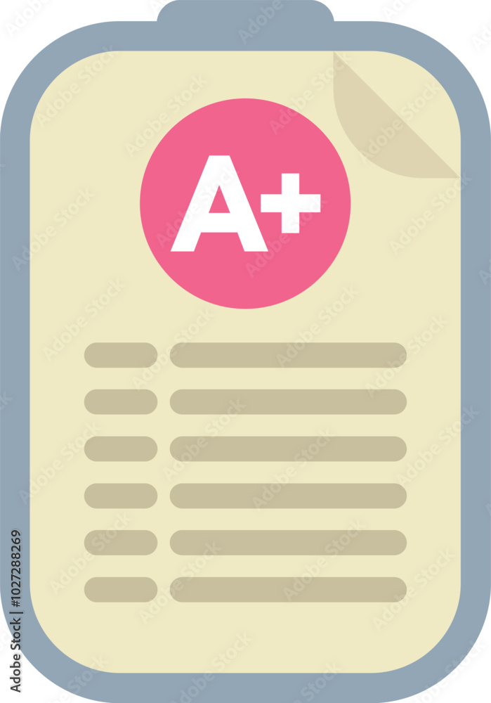Poster clipboard showing a plus test result on paper with folded corner, concept of excellent exam results